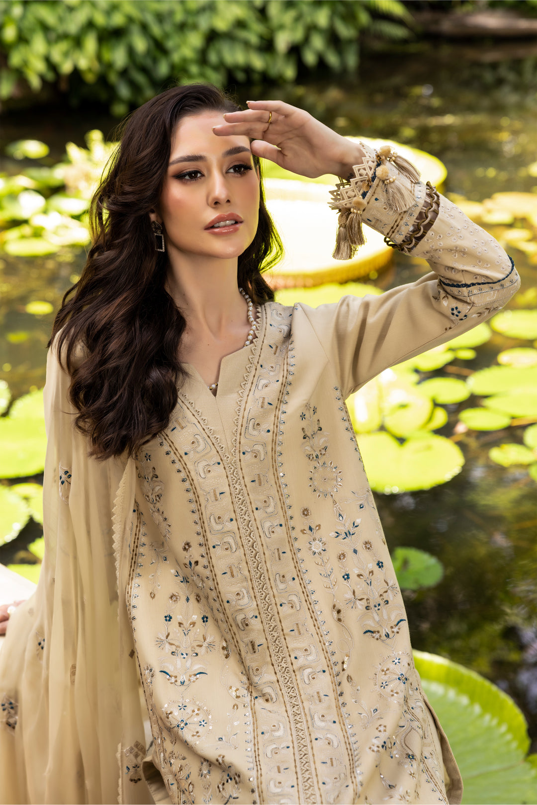 Dur e Sehwar by NAQSHI close-up of neckline embroidery, lace border and hand stitching