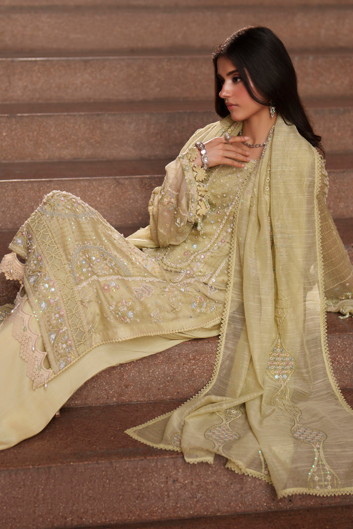 NAQSHI Luzia light lime 3-piece embroidered outfit featuring detailed borders, flowing dupatta and sophisticated luxury pret fashion