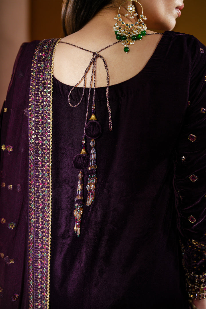 Close-up of a person wearing a dark purple traditional outfit with intricate detailing.

