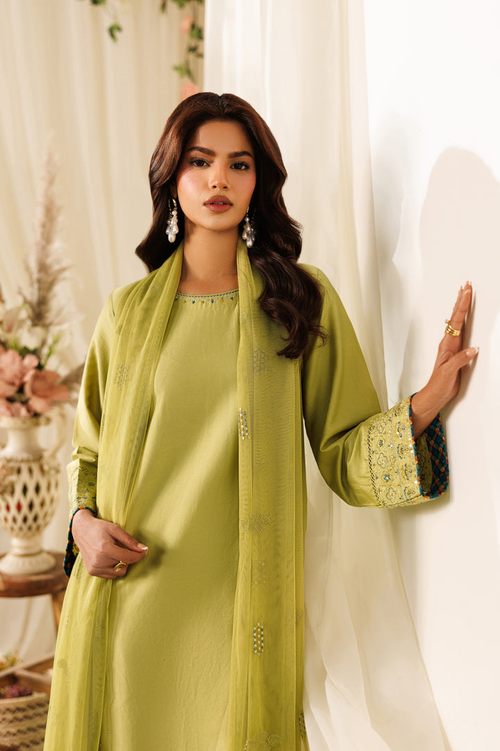 Side standing view of NAQSHI Qiana outfit showing printed culottes and smooth cotton satin fabric