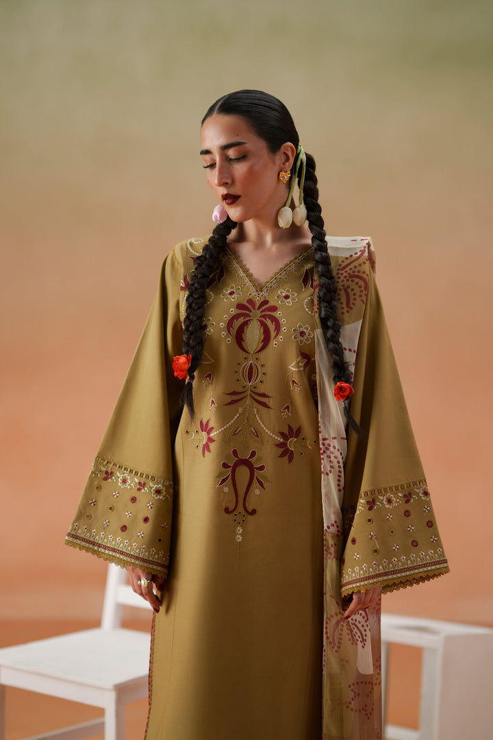 Close-up of Lona olive beige embroidered lawn shirt with neckline detail, loose sleeves, and printed crinkle chiffon dupatta.