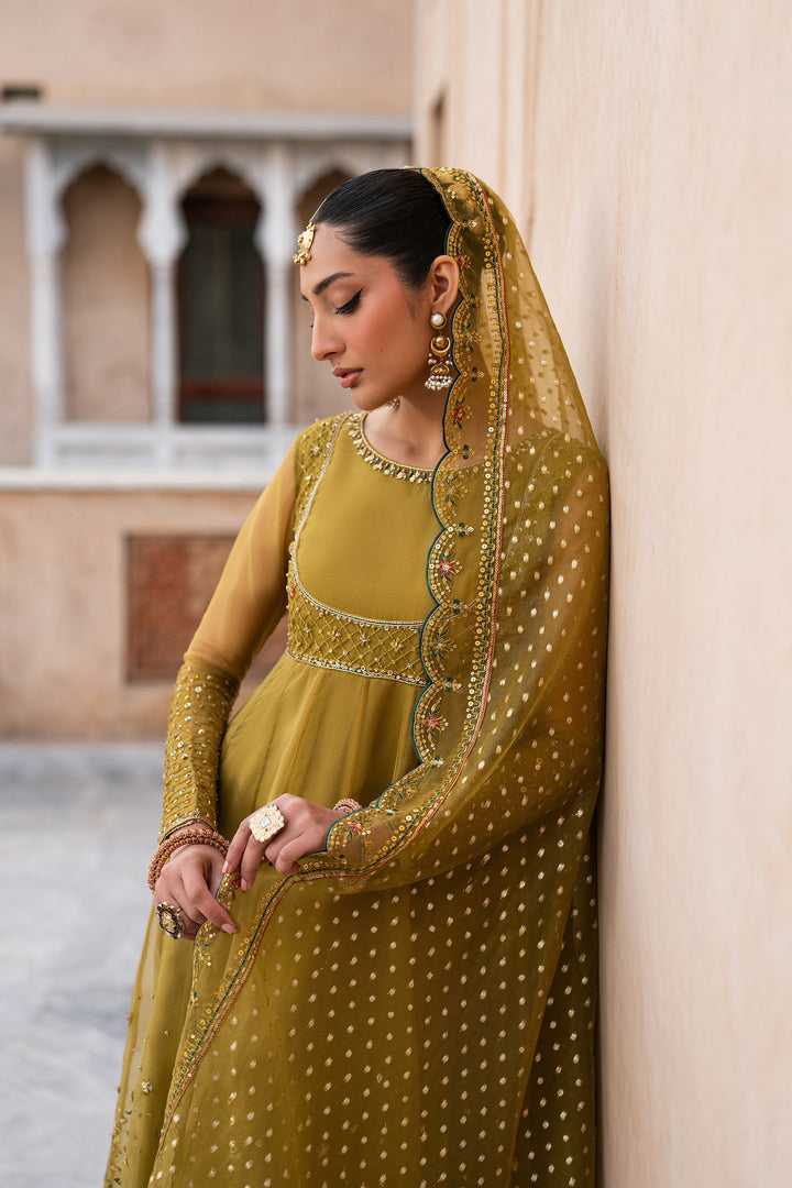 Close view of Lehr mustard organza frock with neckline embroidery, sequin work and elegant festive detailing