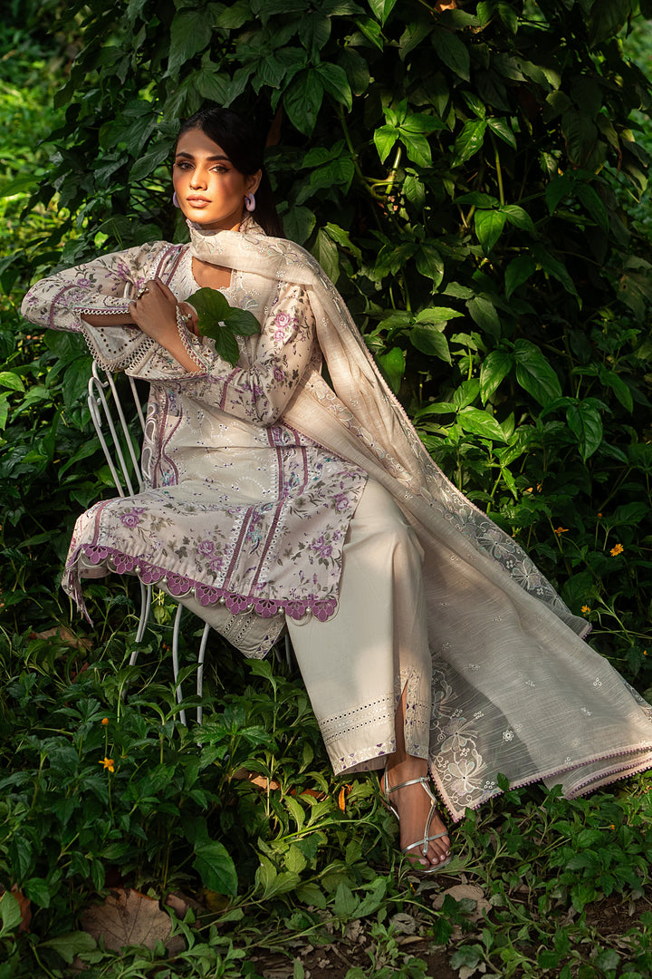Flowing dupatta view of Baseera ivory outfit showing lightweight cotton organza with soft embroidery and elegant fall