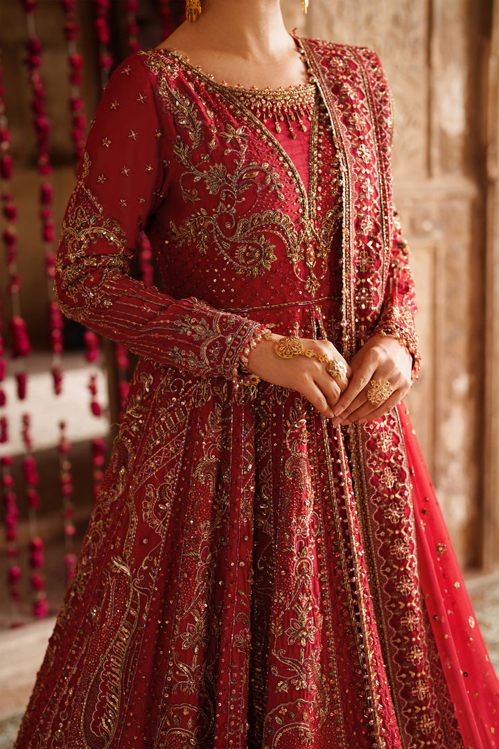 Red embroidered traditional outfit with gold details against a decorative background