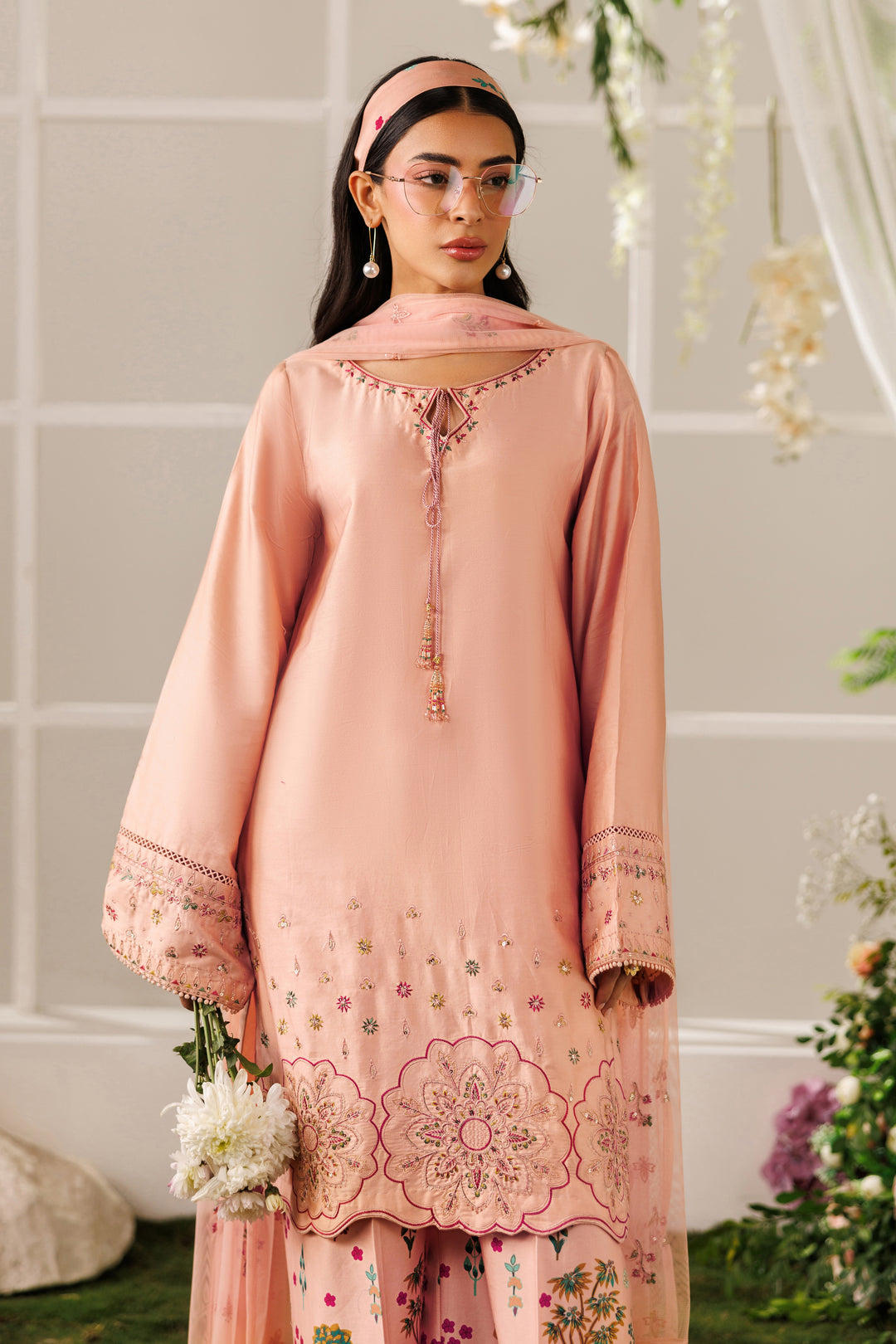 Front full-length view of NAQSHI Hoorish outfit showing cutwork hem detail and balanced ready-to-wear finish