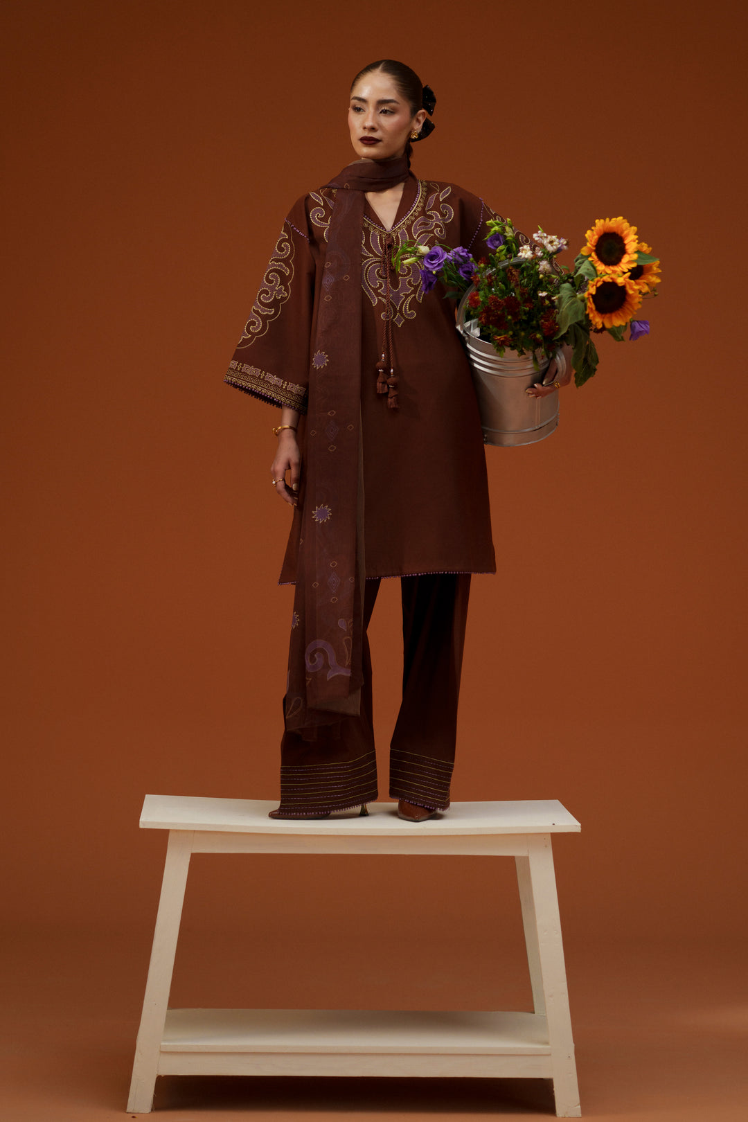 Full look of Fiona brown 3-piece outfit showing embroidered lawn shirt, wide cambric shalwar, and printed crinkle chiffon dupatta.