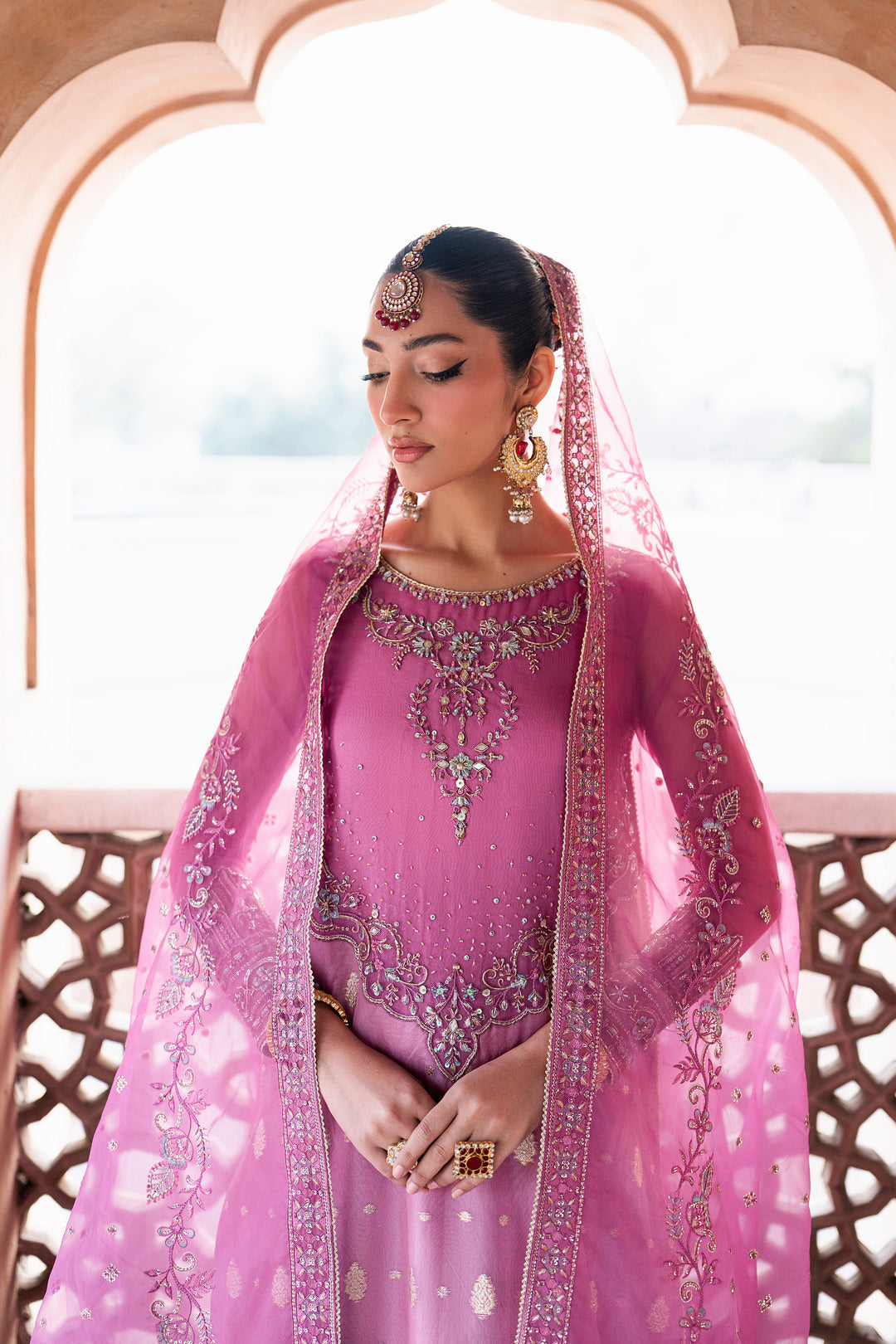 Front portrait of Shams lilac semi formal dress with embroidered shirt, flared trousers and organza dupatta from NAQSHI festive collection