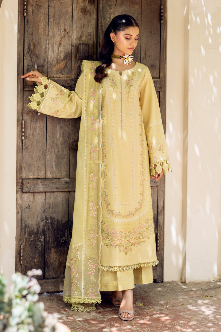 NAQSHI Gulshan front: lime‑lemon Pima lawn shirt with embroidered boat neckline framing collarbone, decorative buttons, three-panel cut &amp; lace‑trim hem.