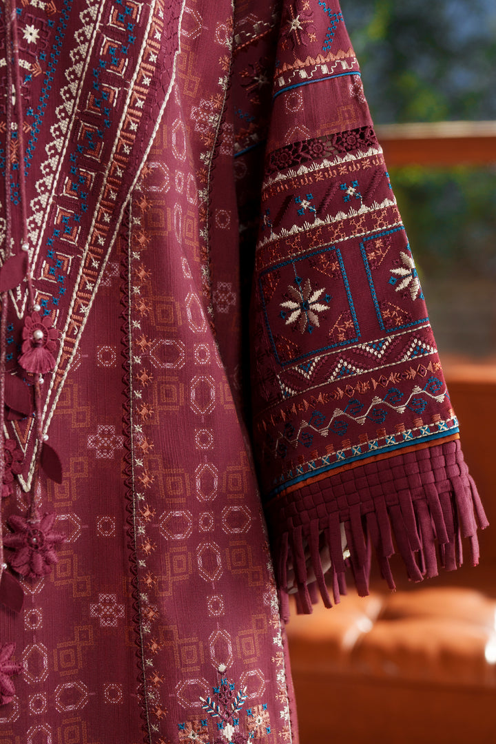 A close-up of a maroon embroidered garment with geometric and floral patterns, featuring fringe trim and detailed textile work, shown against a softly blurred outdoor background.