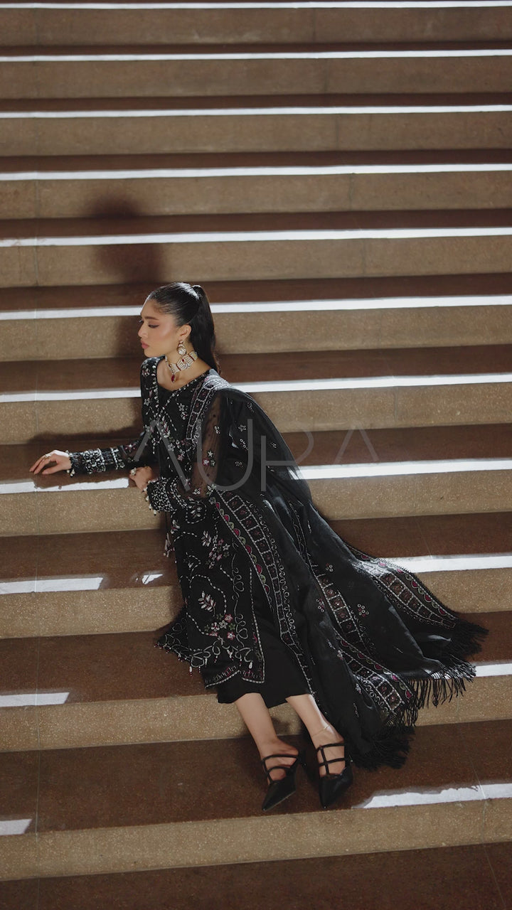 NAQSHI Zeya black embroidered khadi net outfit video featuring cotton organza dupatta movement, sequin detailing and luxury pret evening wear