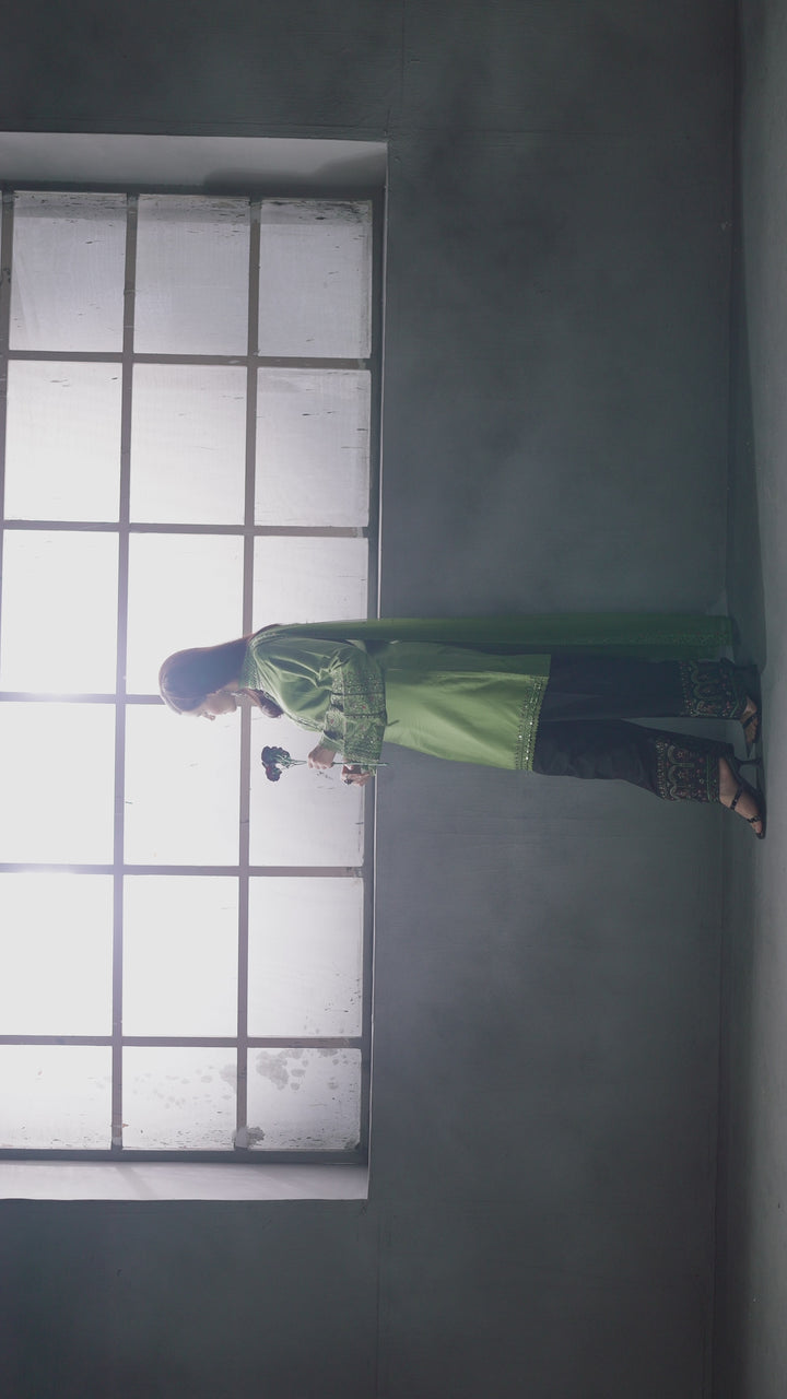 Video thumbnail of NAQSHI Abeera lime green formal set showing movement of net dupatta and embroidery details ideal for occasion outfits.