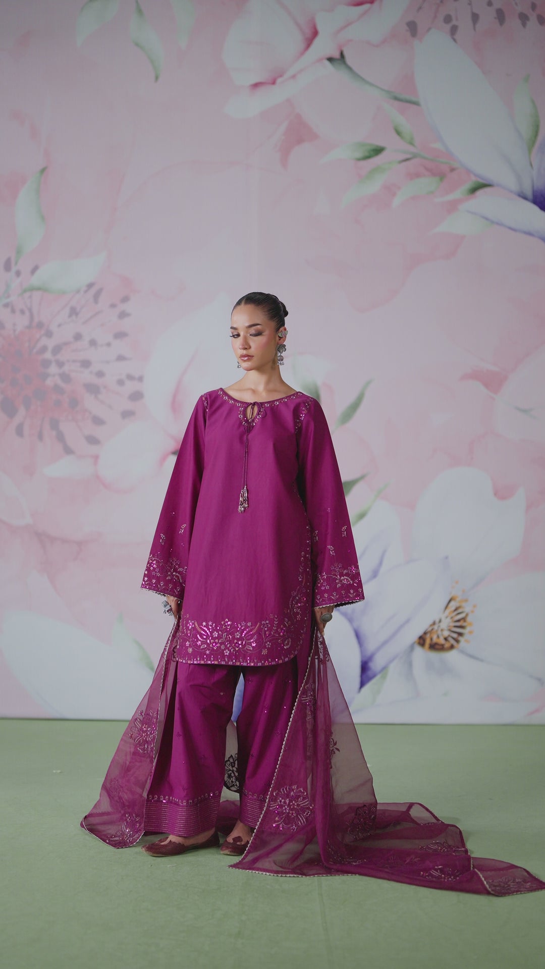 NAQSHI Simran plum shirt with round neckline, tassel keyhole, sequin-embroidered hem, farshi shalwar and net dupatta