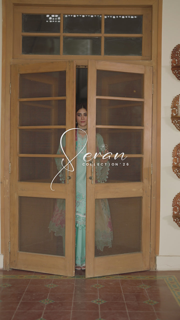 NAQSHI Shabeera aqua embroidered lawn outfit video showcasing flowing dupatta movement, schiffli embroidery and coordinated culotte styling