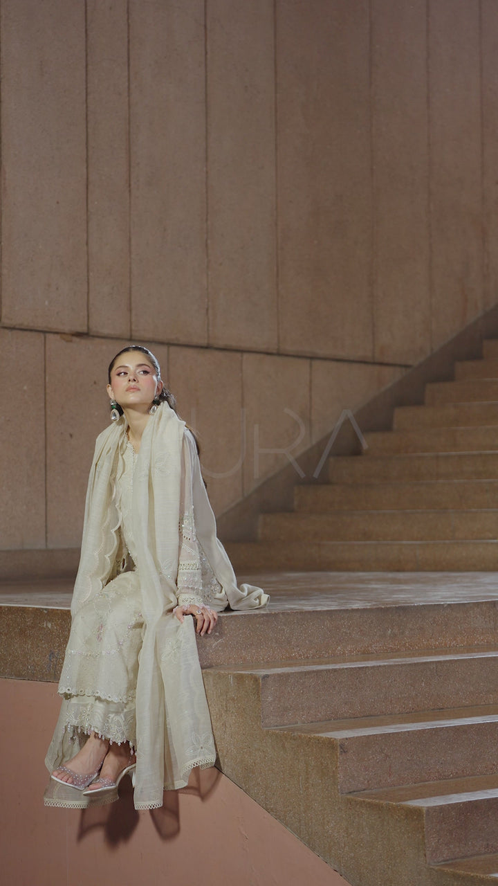 NAQSHI Ingrid off-white embroidered khadi net outfit video featuring flowing organza dupatta, subtle sequin work and elegant semi-formal evening wear