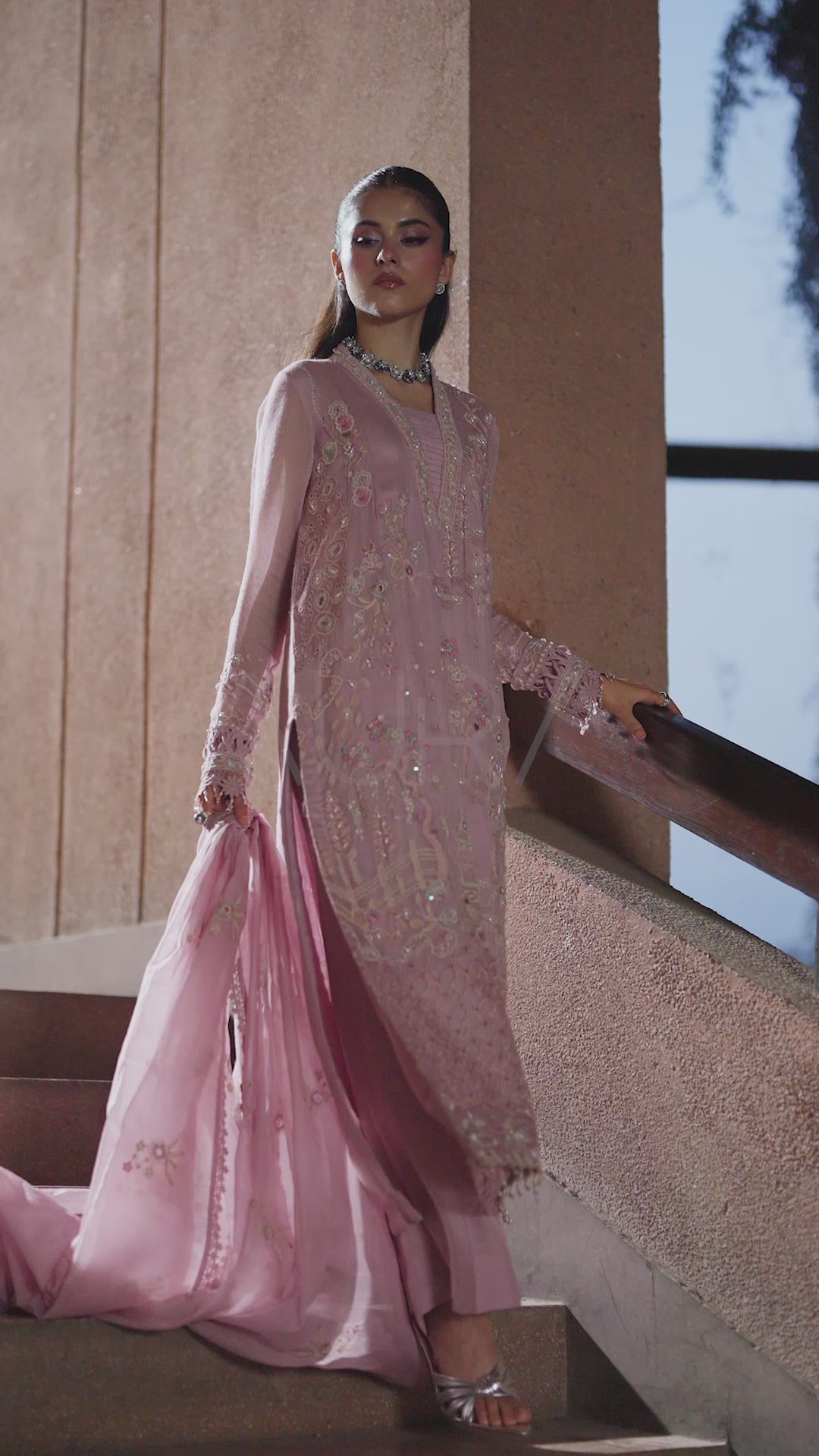 NAQSHI Anahi lilac embroidered khadi net outfit video showcasing flowing dupatta movement, detailed embroidery and sophisticated formal occasion wear