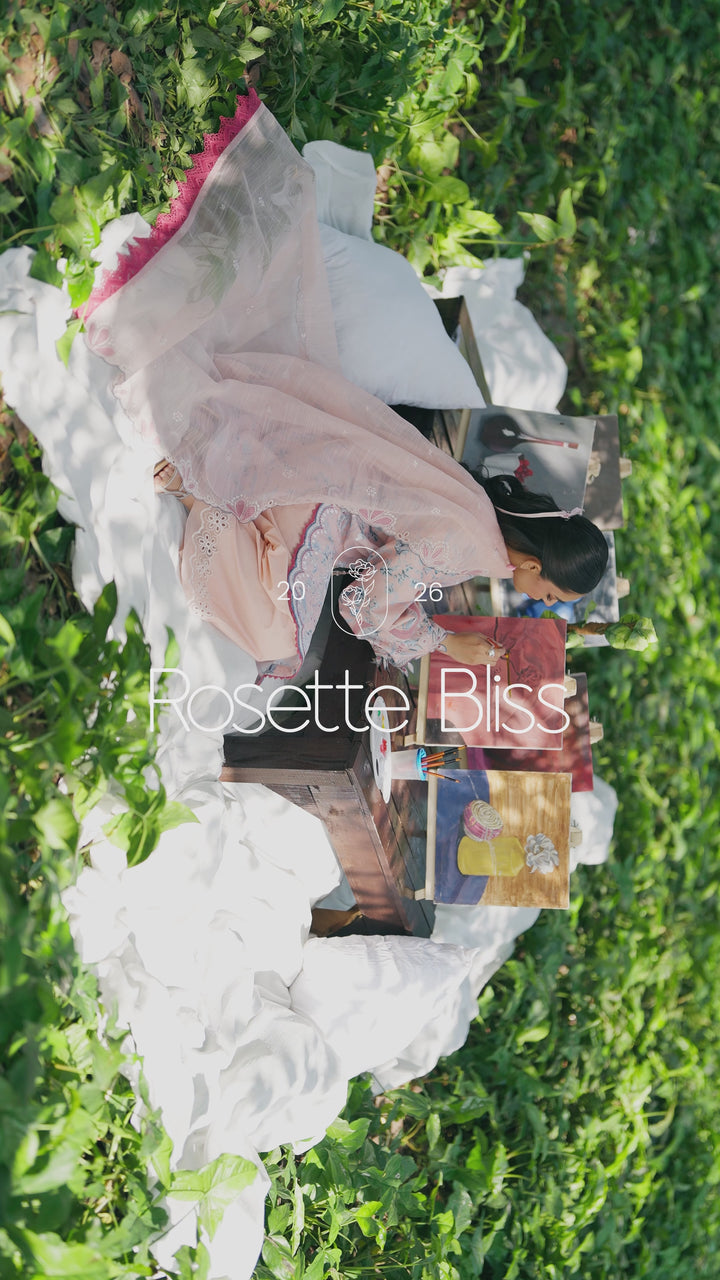 Flowing dupatta view of Fizba pink outfit showing lightweight cotton organza with digital print and lace border detailing