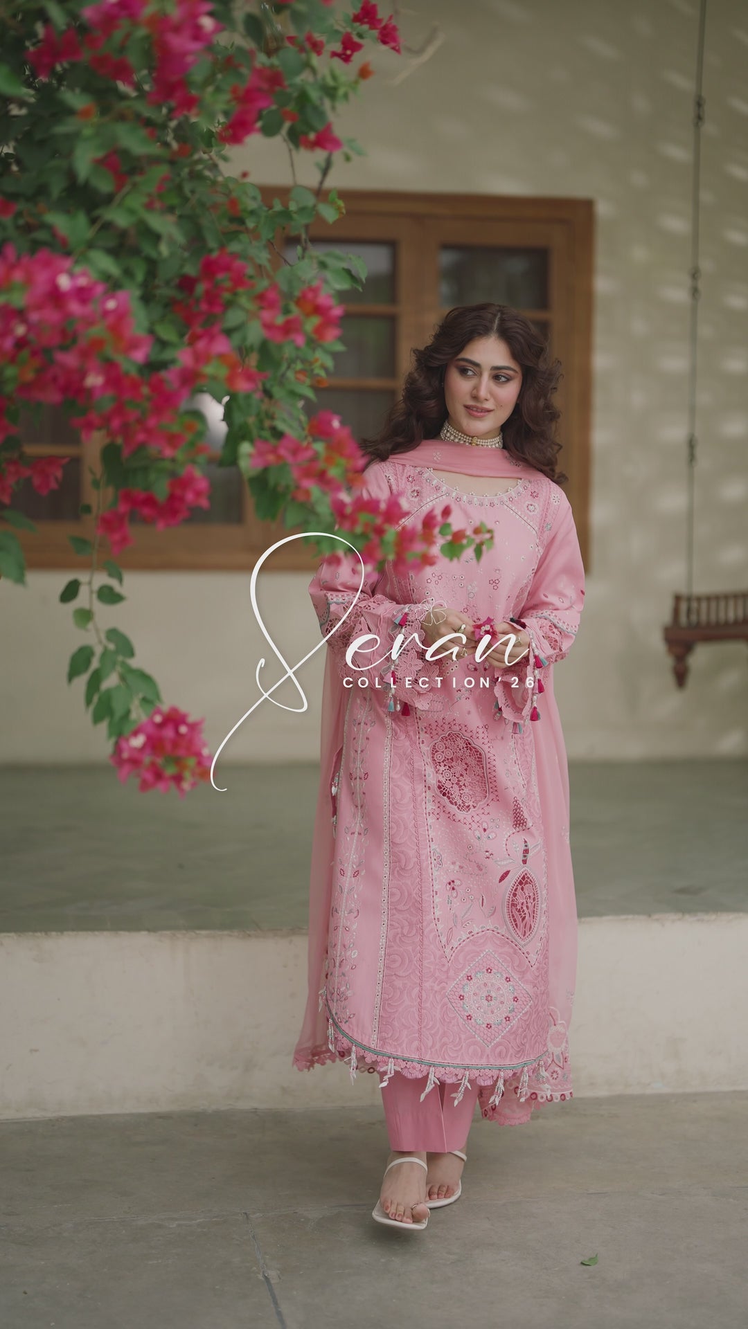 NAQSHI Kashmeera soft pink casual pret outfit with embroidered lawn shirt, cambric culottes and crinkle dupatta styled for daytime gatherings and summer events