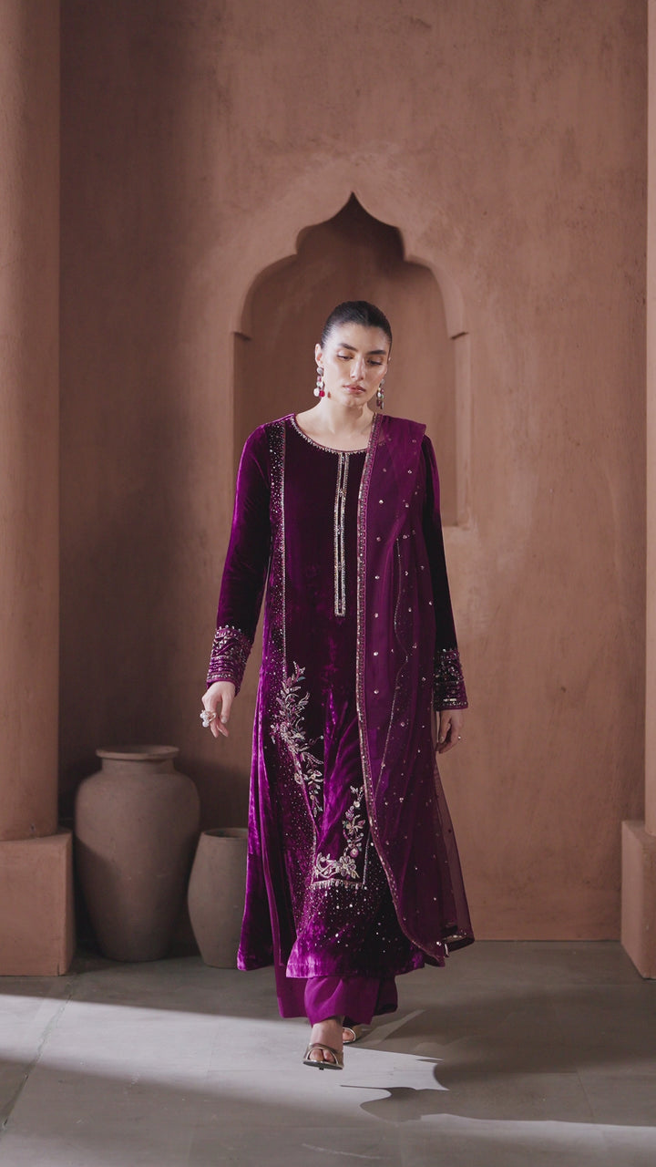 NAQSHI ready-to-wear purple velvet formal dress shown in motion, displaying elegant fall and complete stitched outfit for special occasions