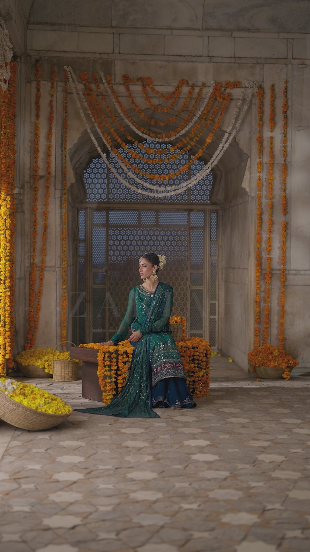 Anfa green and blue crinkle chiffon semi formal outfit video showcasing festive embellishments, flowing silhouette and elegant styling