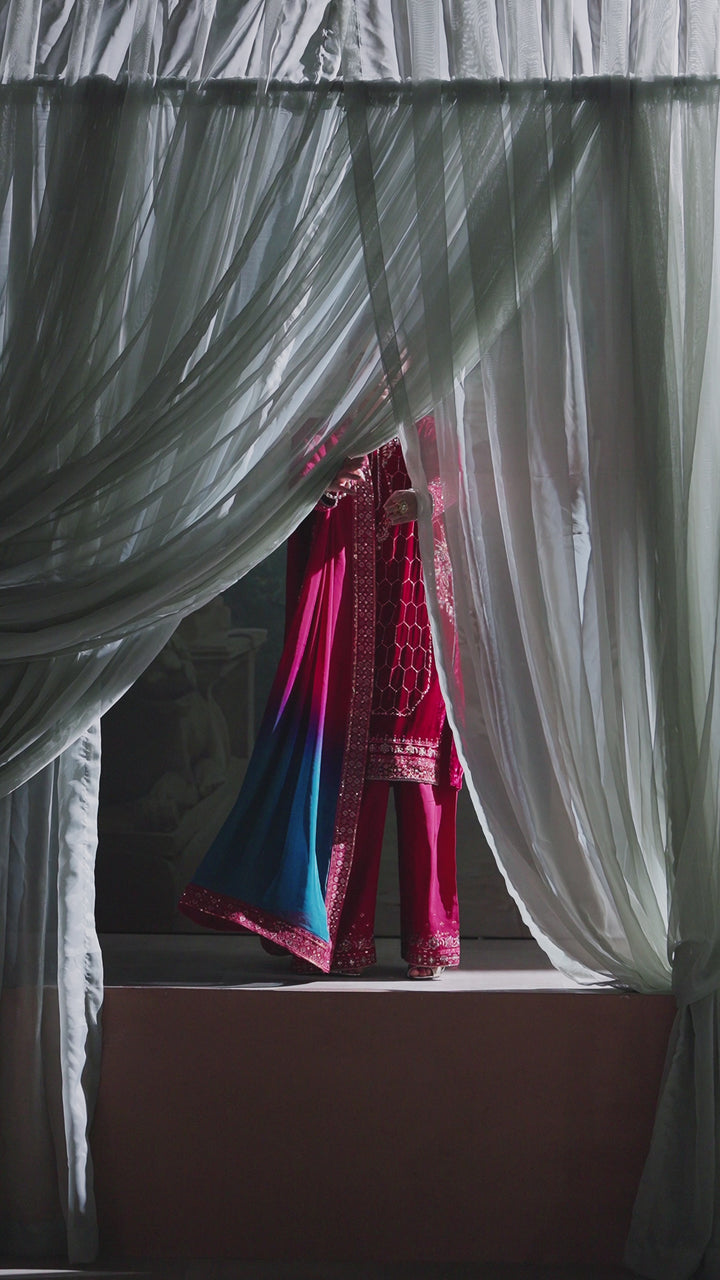 Video preview of NAQSHI deep red formal ready-to-wear 3-piece outfit showing complete event-ready look and fabric flow