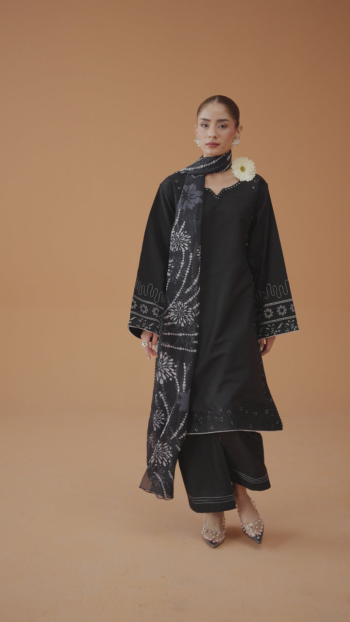 Riedel black ready-to-wear outfit video preview showing embroidered lawn shirt, printed chiffon dupatta, and elegant Eastern dress styling.