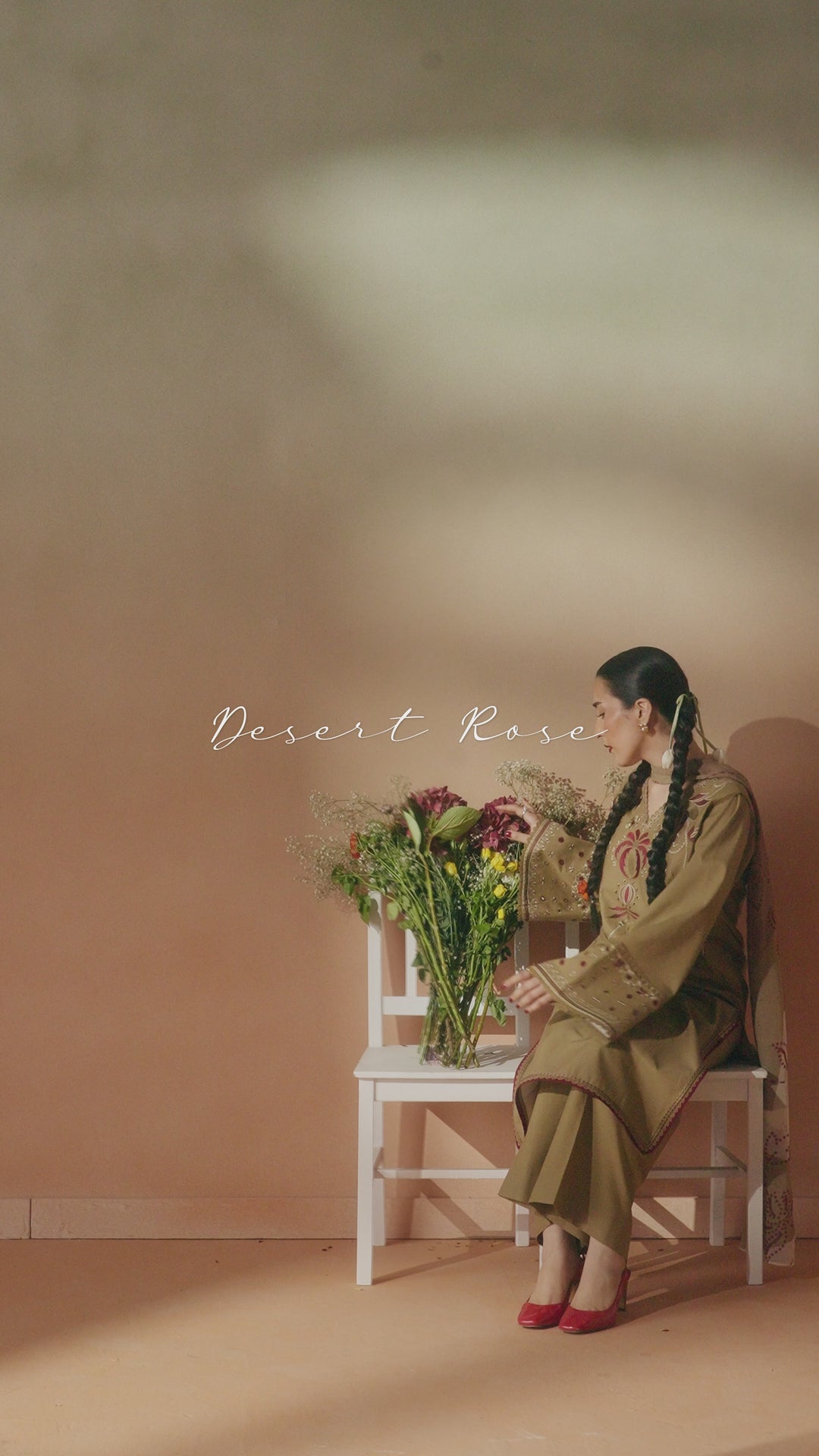Lona olive beige ready-to-wear outfit video preview featuring embroidered lawn shirt, cambric culotte trouser, and printed chiffon dupatta.