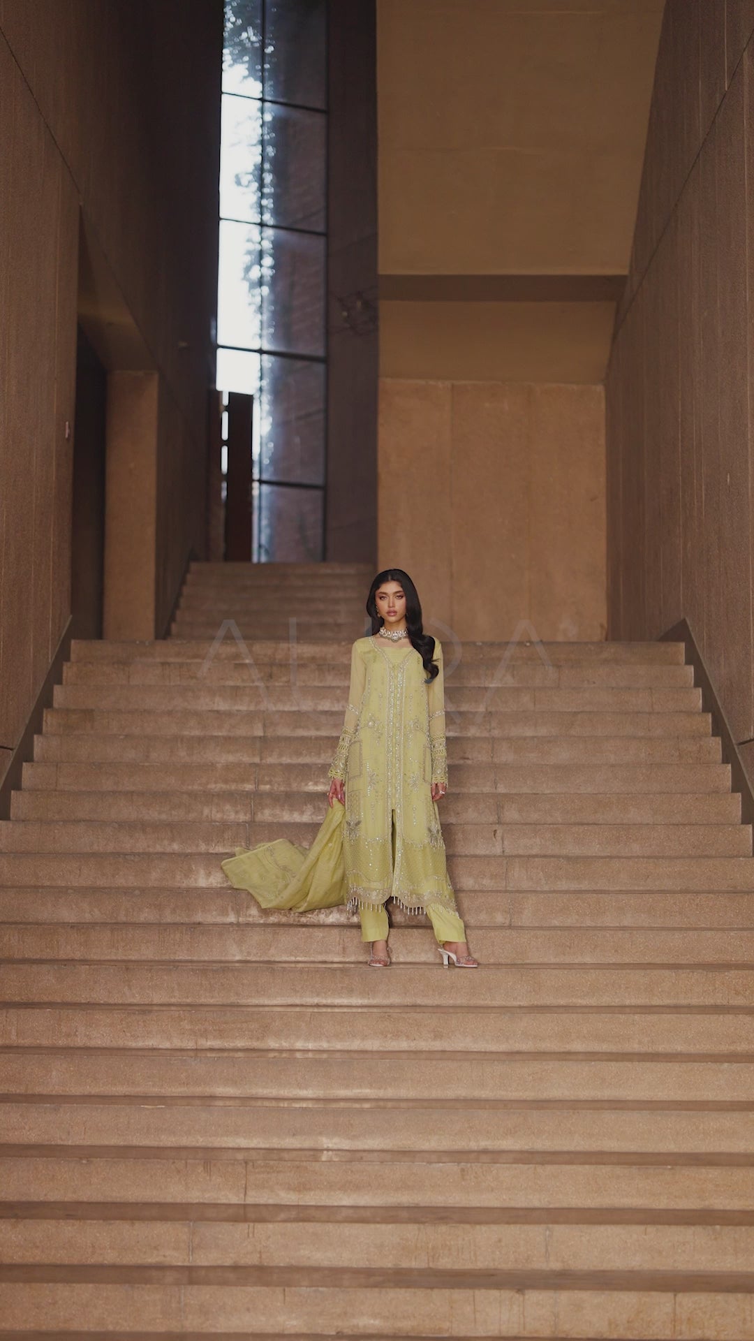 NAQSHI Pedro lime green embroidered khadi net outfit video featuring flowing dupatta movement, intricate embroidery and elegant semi-formal fashion