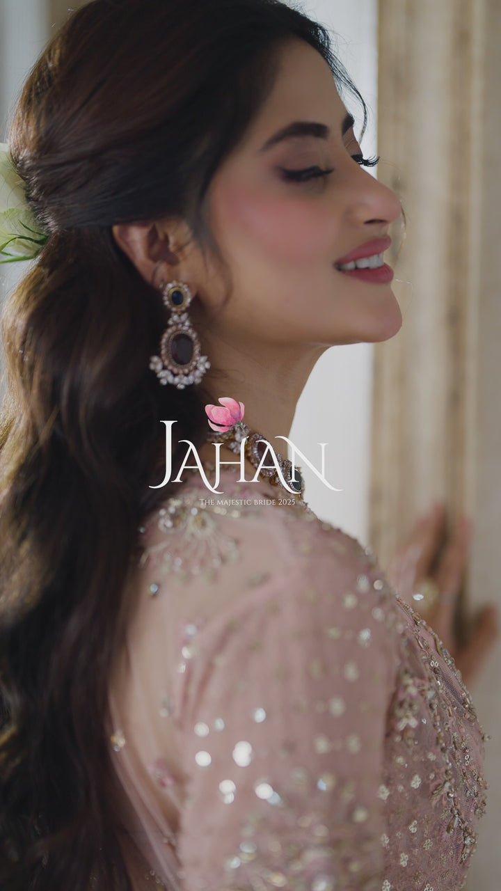 Video thumbnail of NAQSHI Mareeha soft pink bridal gown highlighting movement and embroidery detail for wedding and reception looks.