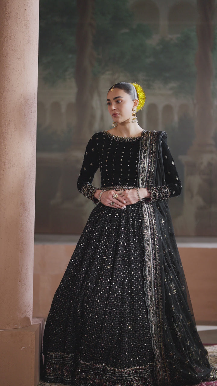 NAQSHI Roheen black velvet 3PC Lehenga Chloi Set set full front , Side &amp; Back view.