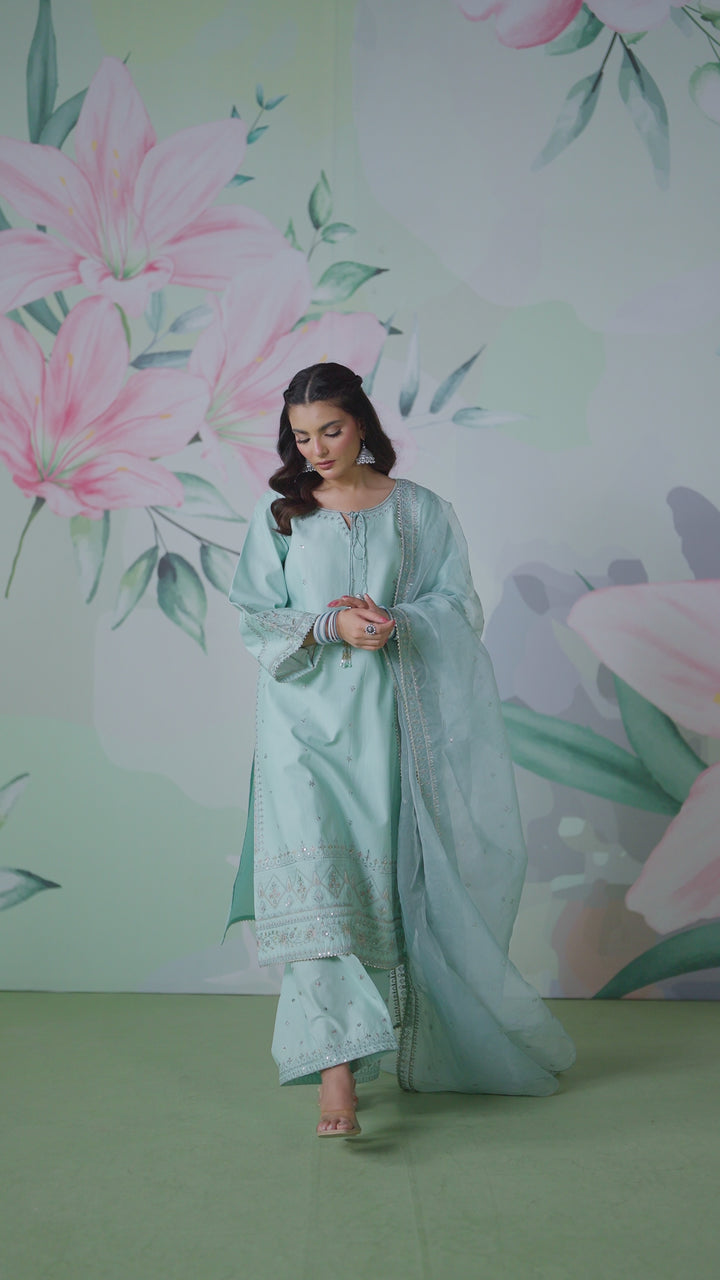 Full length view of Taabu aqua 3 piece outfit showing balanced straight shirt cut and culotte trousers
