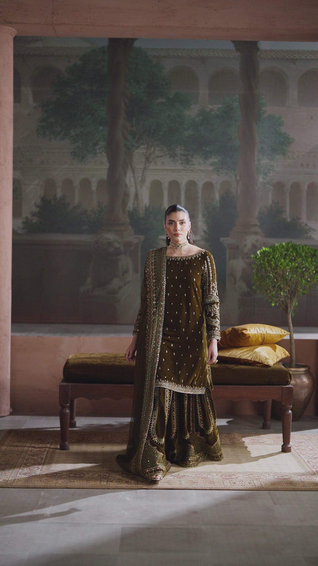 Complete video of Danara velvet 3-piece sharara set with rich mehndi embroidery and ornate details — perfect for mehndi and special events