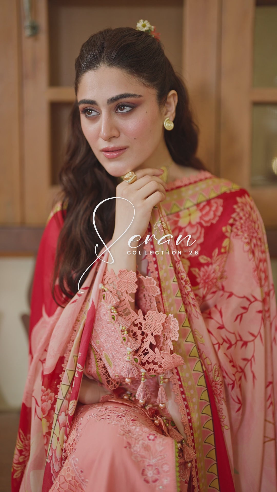 NAQSHI Farnood peach embroidered lawn outfit video showcasing flowing dupatta movement, embroidered sleeve details and elegant summer casual fashion