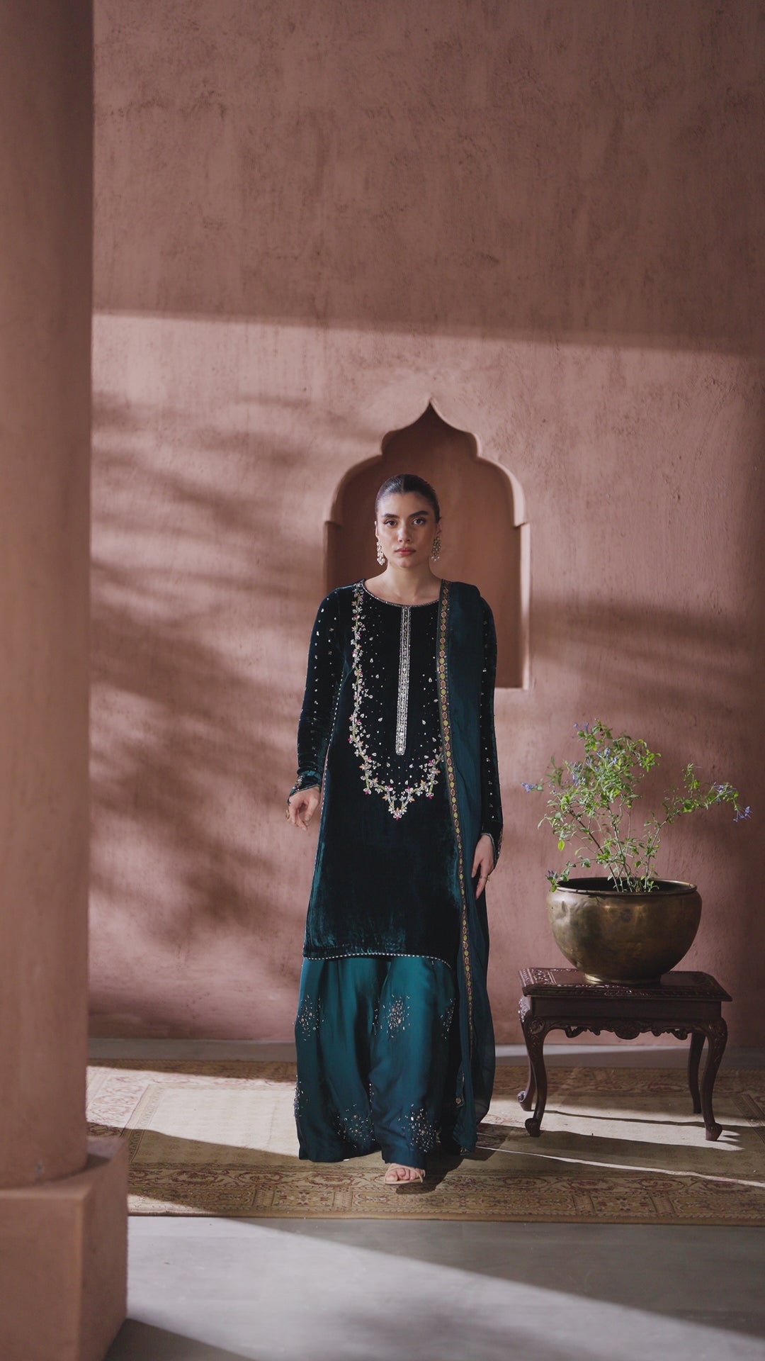 Video preview of NAQSHI teal green formal ready-to-wear outfit showing complete event-ready look and fabric flow