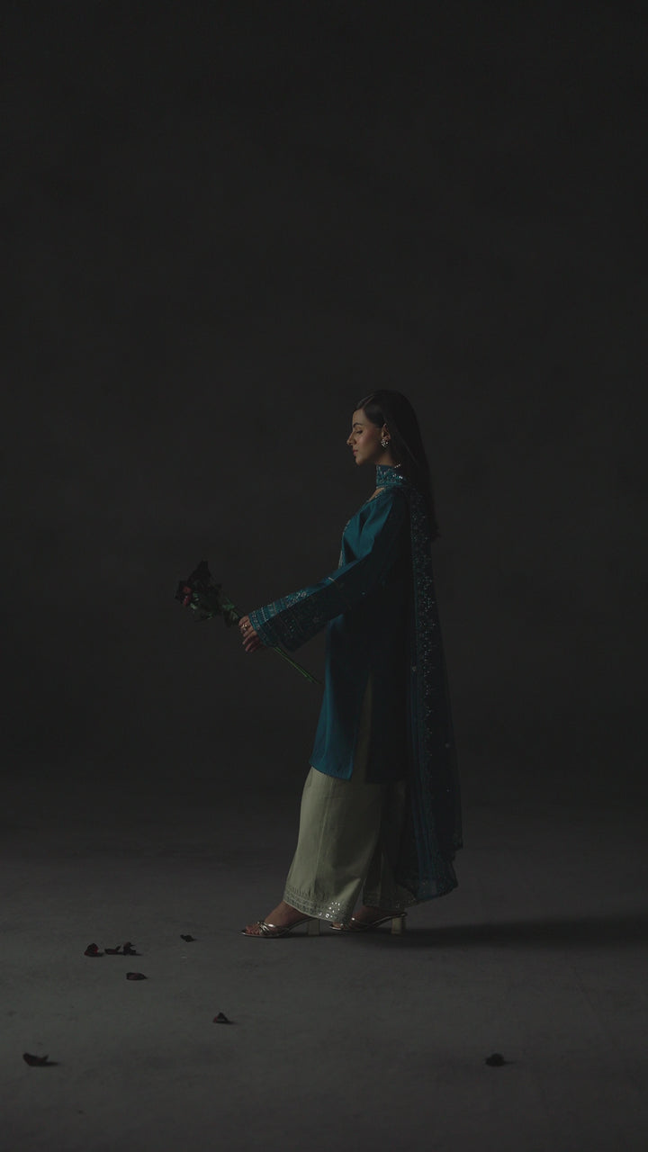 Areeb by NAQSHI styled ensemble shot showing full outfit drape in zinc &amp; grey tones