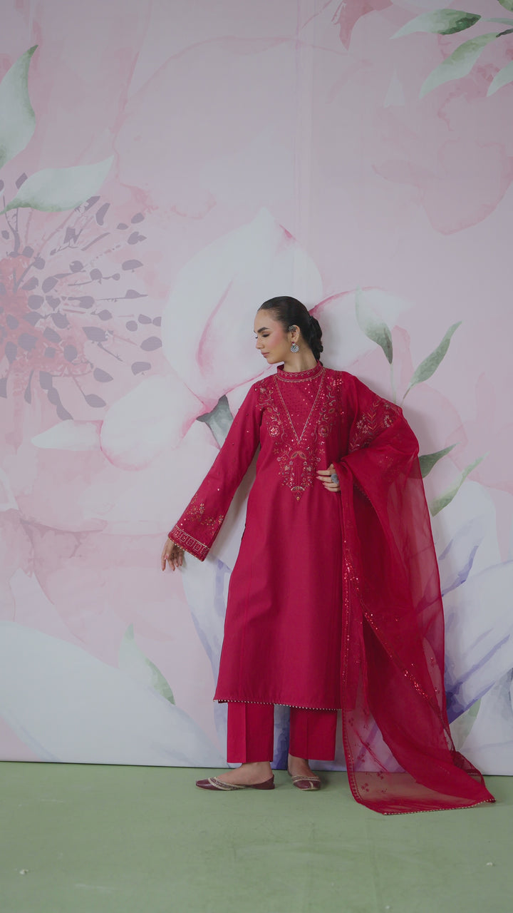Full length view of Paro red 3 piece outfit showing balanced straight shirt cut and straight trousers