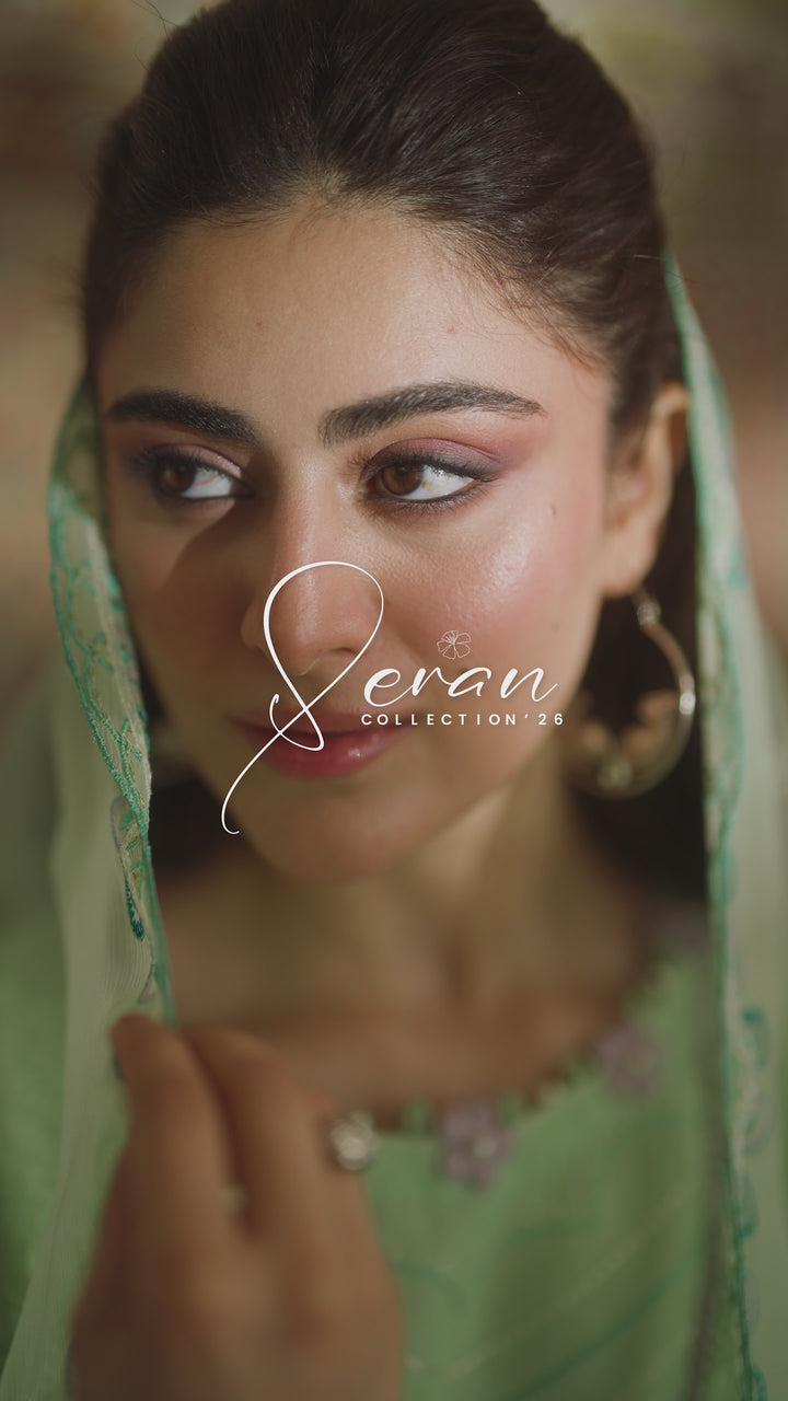 NAQSHI Tasveeb mint green embroidered lawn outfit video featuring flowing silhouette, floral embroidery, flared culottes and crinkle dupatta movement