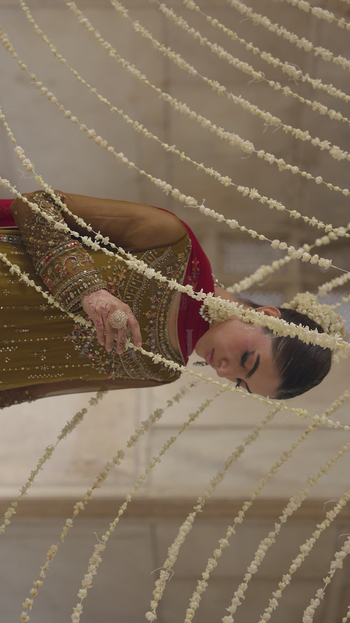 Huzaim brown and red crinkle semi formal outfit video showcasing embellishment work, contrast dupatta and elegant Eastern styling
