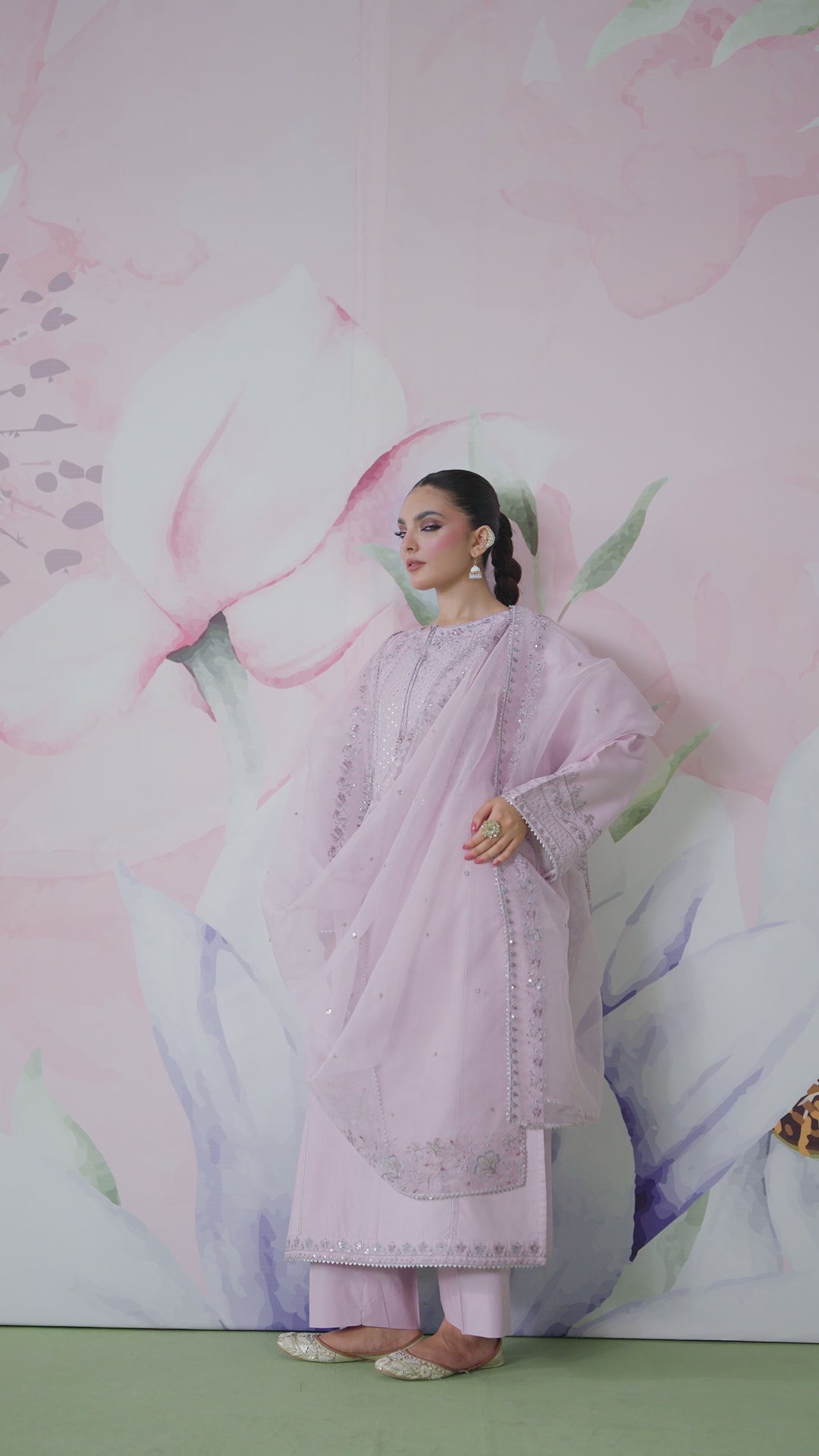 Full length view of dipa lavender ready to wear 3 piece outfit showing balanced straight shirt and trousers