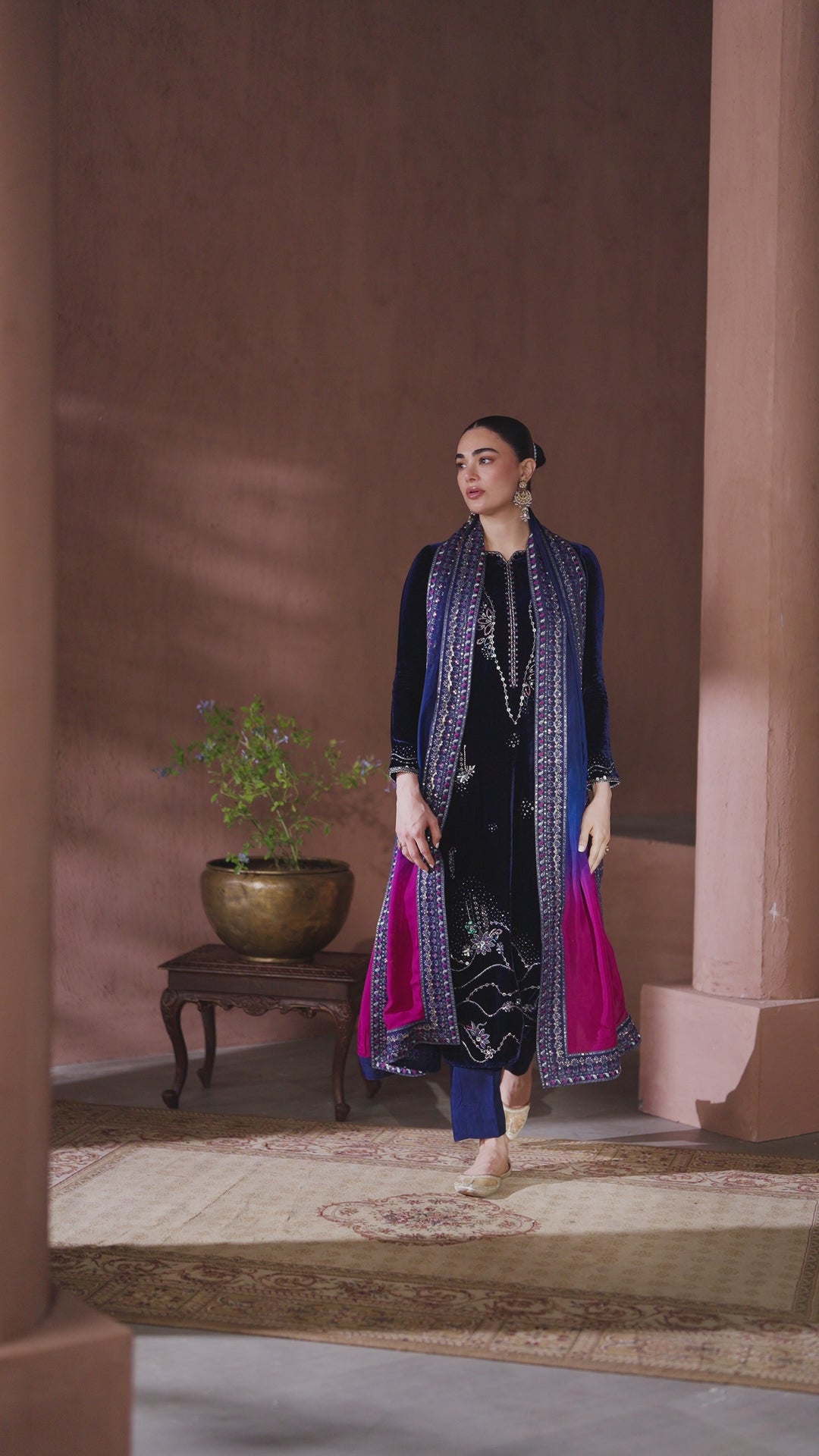 Video preview of NAQSHI navy blue formal ready-to-wear outfit showing complete event-ready look and fabric movement
