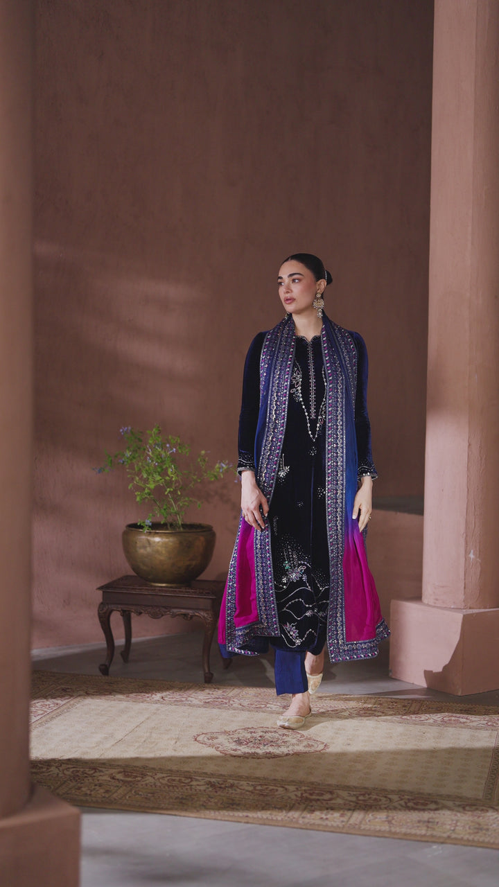 Video preview of NAQSHI navy blue formal ready-to-wear outfit showing complete event-ready look and fabric movement