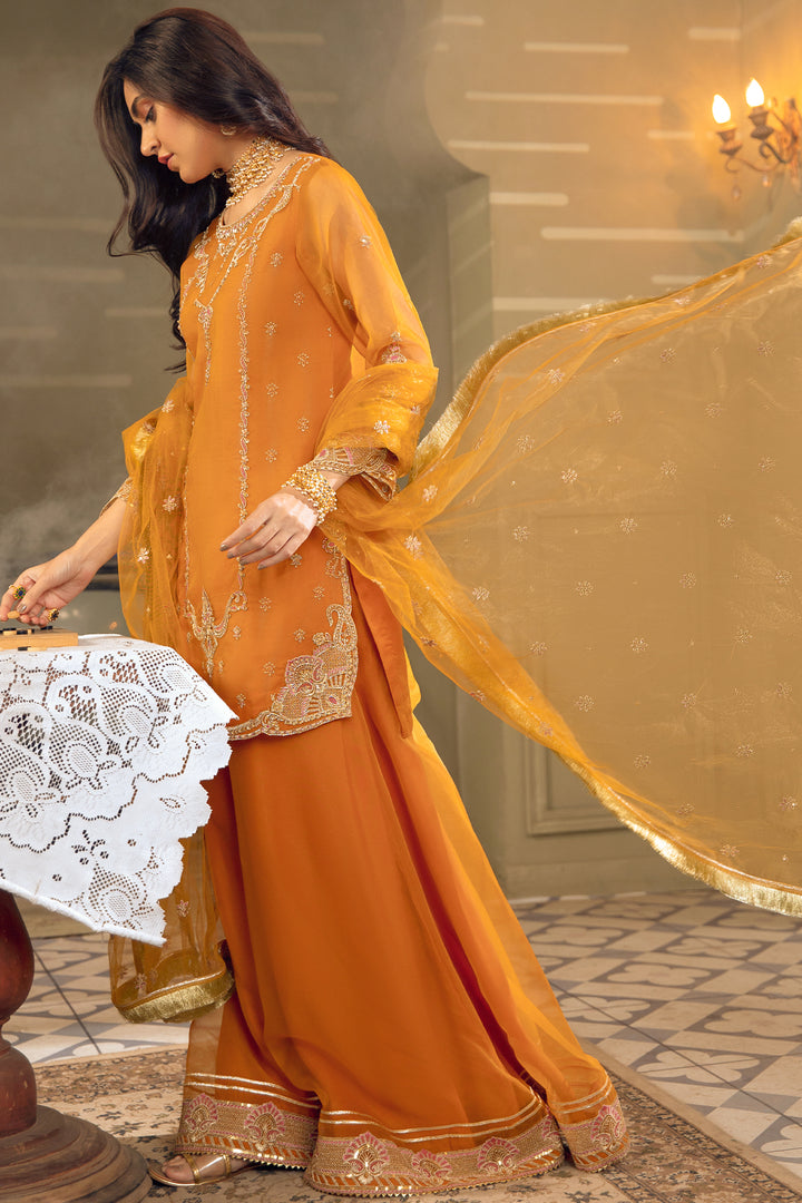 Side angle of NAQSHI Zaryaab outfit highlighting organza sharara movement, soft drape, and graceful silhouette